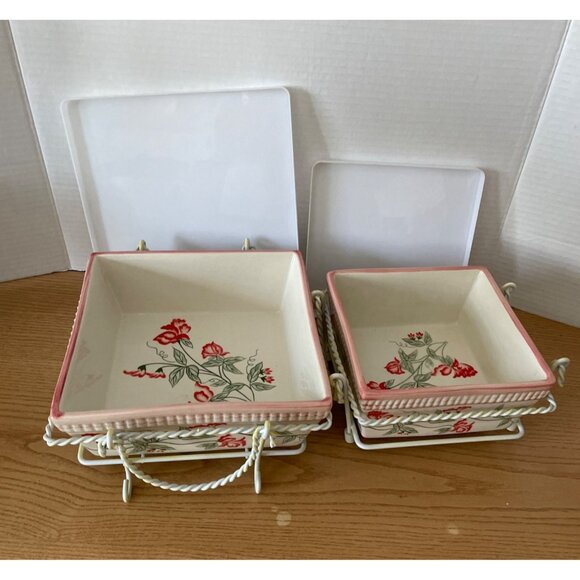 Temptations Morning Glory Baking Dishes Square 1 & 2 Qt w Lids Wire Holder Rare - Picture 2 of 8